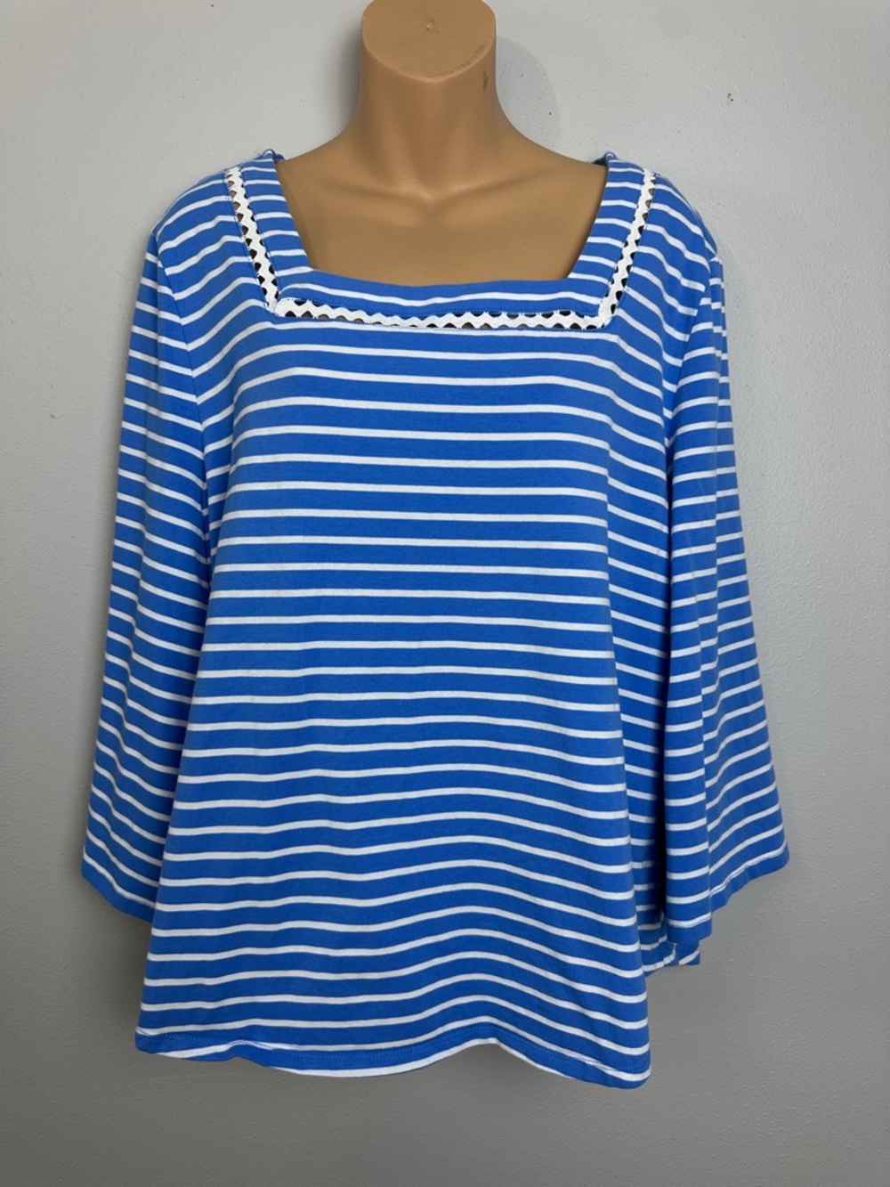 Ruby Rd. Blue & White Cotton Striped Square Neck Bell Sleeve Top